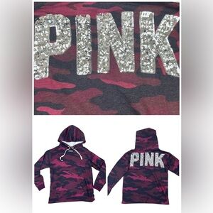 PiNK Victoria’s Secret Red Camo Sequin Sherpa Hoodie Oversized Sweatshirt XS